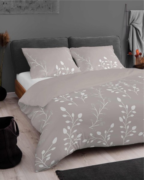 Pościel z mikrosatyny 160x200 beżowa biała liście 5346 A Micro 57