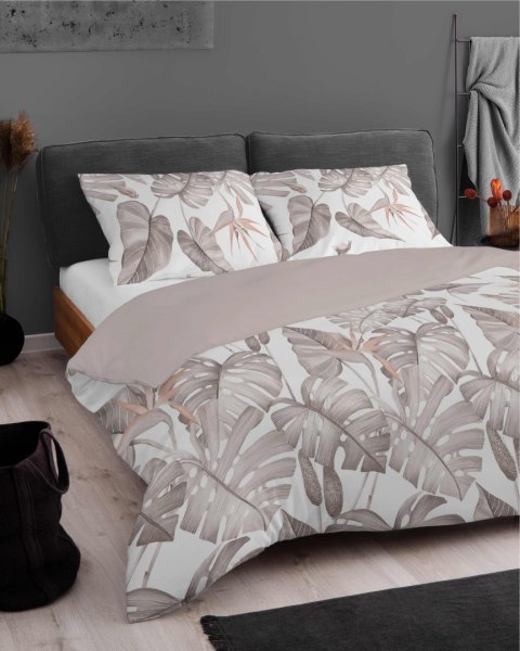 Pościel z mikrosatyny 160x200 biała beżowa cappuccino liście 5473 A Micro 57