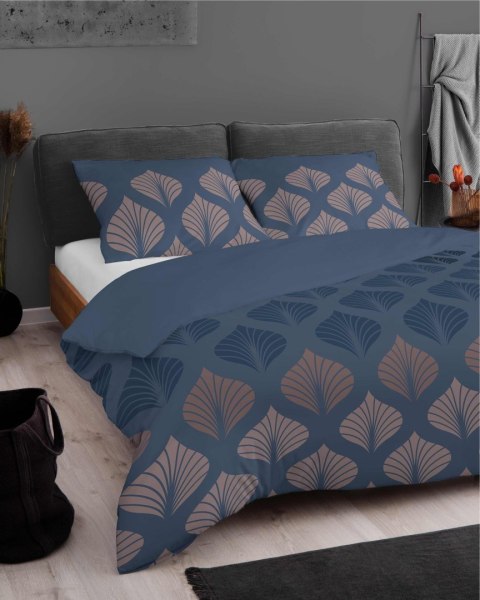 Pościel z mikrosatyny 160x200 granatowa beżowa ciemna liście 5471 A Micro 57
