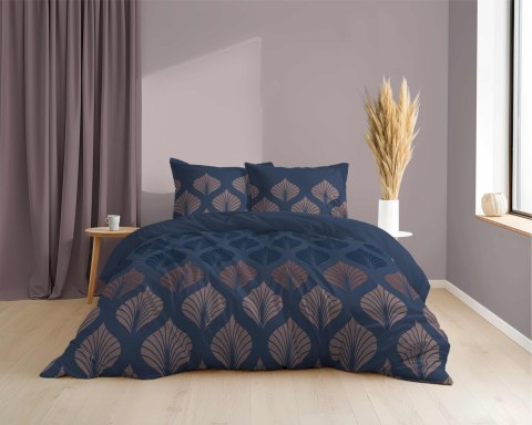 Pościel z mikrosatyny 160x200 granatowa beżowa ciemna liście 5471 A Micro 57