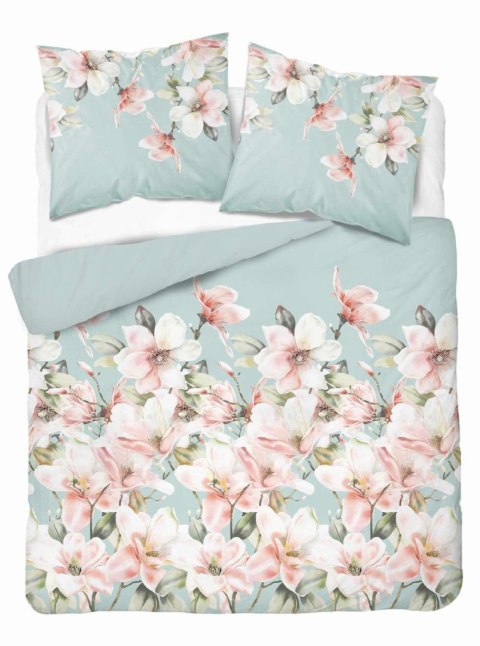 Pościel z mikrosatyny 160x200 miętowa różowa kwiaty liście 5347 A Micro 57