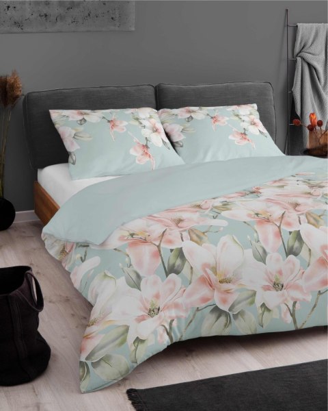 Pościel z mikrosatyny 160x200 miętowa różowa kwiaty liście 5347 A Micro 57
