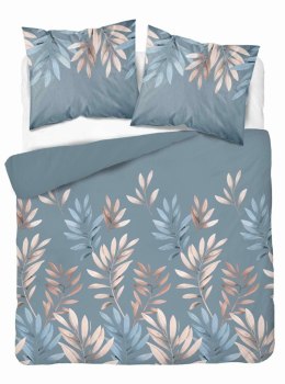Pościel z mikrosatyny 160x200 niebieska ciemna beżowa liście 5472 A Micro 57