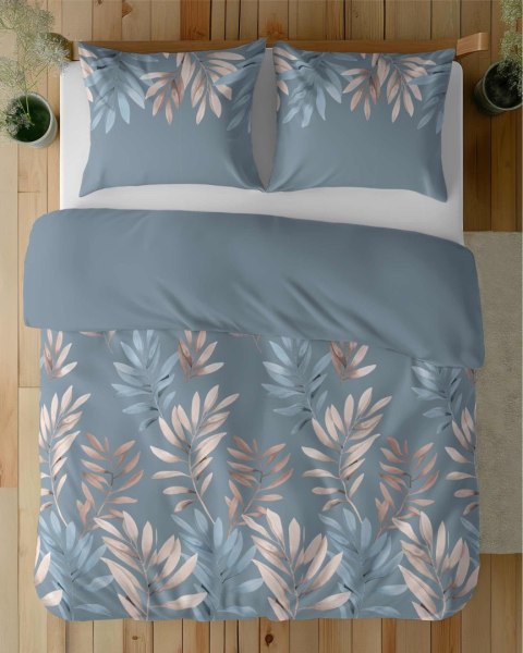 Pościel z mikrosatyny 160x200 niebieska ciemna beżowa liście 5472 A Micro 57