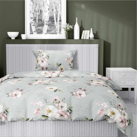 Pościel satynowa 140x200 5233 A szara biała różowa kwiaty z jedną poszewką Home Satin 59