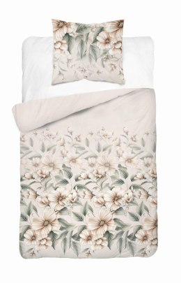 Pościel satynowa 140x200 5234 A kremowa zielona bezowa jasna kwiaty liście z jedną poszewką Home Satin 59