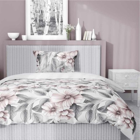 Pościel satynowa 140x200 5234 B szara jasna pudrowa kwiaty liście z jedną poszewką Home Satin 59