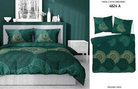 Pościel satynowa 160x200 4824 A zielona butelkowa złota geometria Home Satin 59