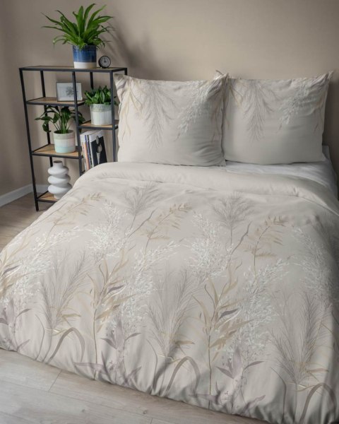 Pościel satynowa 160x200 5224 A kremowa szara liście łodygi Home Satin 59