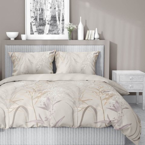 Pościel satynowa 160x200 5224 A kremowa szara liście łodygi Home Satin 59