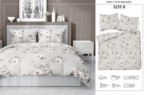Pościel satynowa 160x200 5233 B beżowa cappuccino biała pudrowa kwiaty Home Satin 59