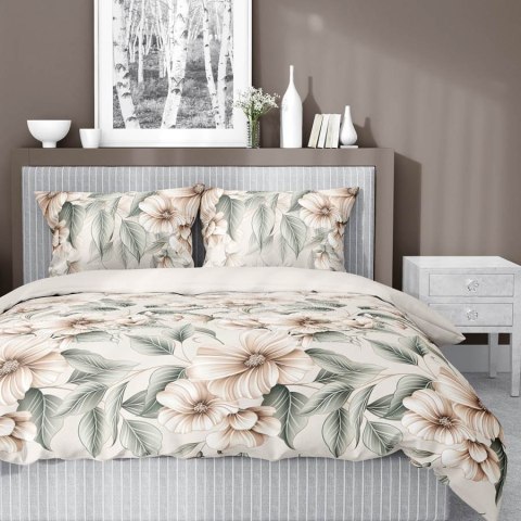 Pościel satynowa 160x200 5234 A kremowa zielona bezowa jasna kwiaty liście Home Satin 59