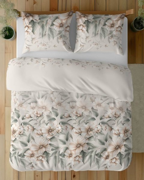 Pościel satynowa 160x200 5234 A kremowa zielona bezowa jasna kwiaty liście Home Satin 59