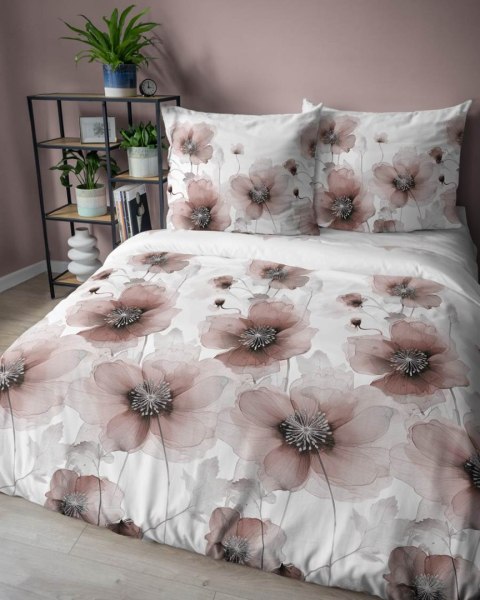 Pościel satynowa 220x200 4917 C biała różowa pudrowa kwiaty Home Satin 59