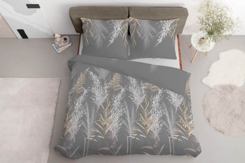 Pościel satynowa 220x200 5224 B szara ciemna biała beżowa liście łodygi Home Satin 59