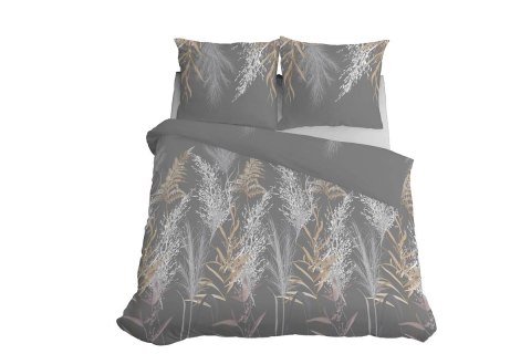 Pościel satynowa 220x200 5224 B szara ciemna biała beżowa liście łodygi Home Satin 59