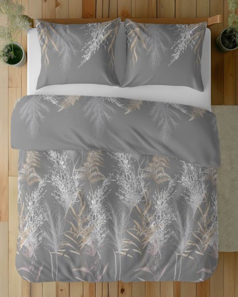 Pościel satynowa 220x200 5224 B szara ciemna biała beżowa liście łodygi Home Satin 59