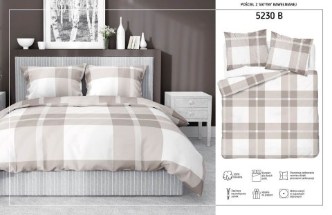 Pościel satynowa 220x200 5230 B biała beżowa kratka Home Satin 59