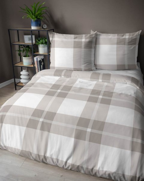 Pościel satynowa 220x200 5230 B biała beżowa kratka Home Satin 59