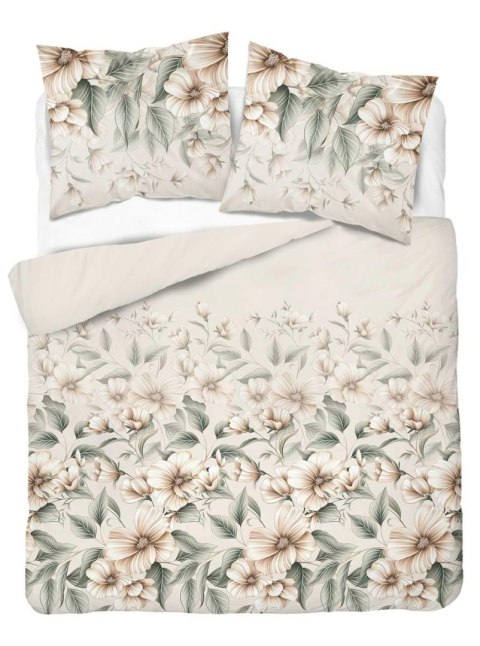 Pościel satynowa 220x200 5234 A kremowa zielona bezowa jasna kwiaty liście Home Satin 59