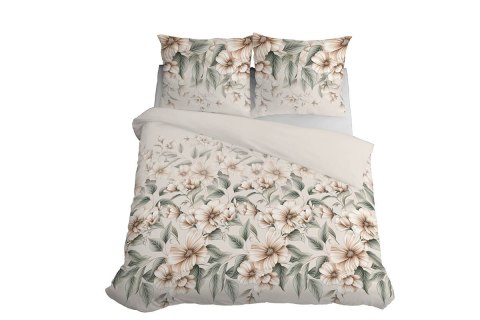 Pościel satynowa 220x200 5234 A kremowa zielona bezowa jasna kwiaty liście Home Satin 59