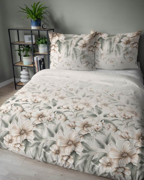 Pościel satynowa 220x200 5234 A kremowa zielona bezowa jasna kwiaty liście Home Satin 59