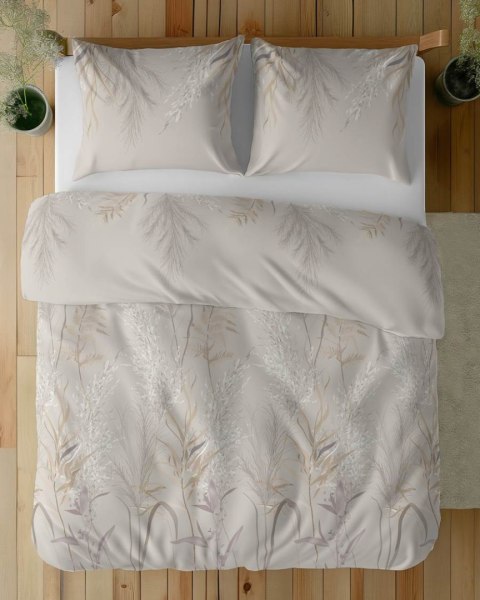 Pościel satynowa 140x200 5224 A kremowa szara liście łodygi z jedną poszewką Home Satin 59