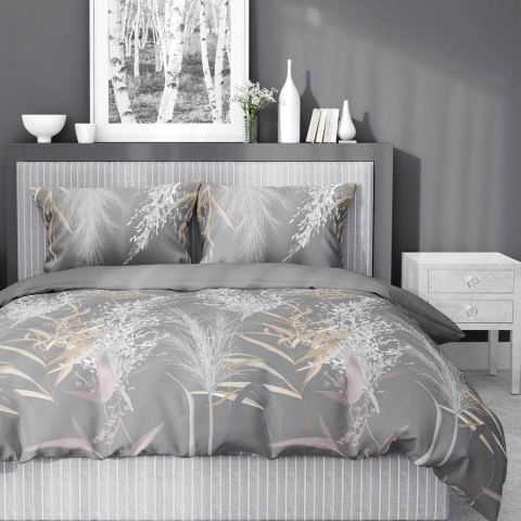 Pościel satynowa 140x200 5224 B szara ciemna biała beżowa liście łodygi z jedną poszewką Home Satin 59