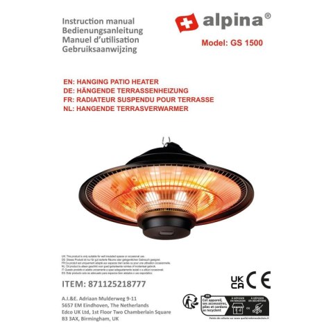 GRZEJNIK OGRODOWY WISZĄCY 1500W Z PILOTEM ALPINA