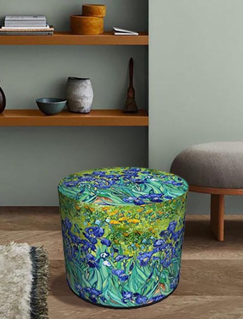 Pufa welurowa Bertoni typu walec z nadrukiem Irysy