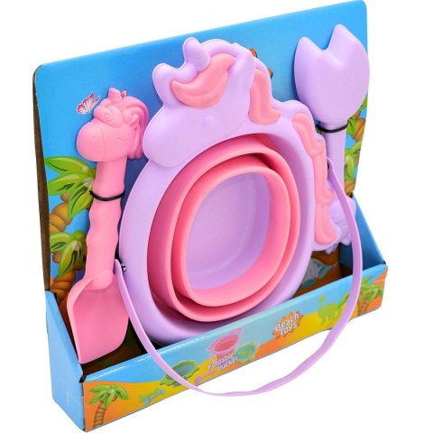 WIADERKO DO PIASKU SKŁADANE Z ŁĄPTKĄ I GRABKAMI - RÓŻOWY