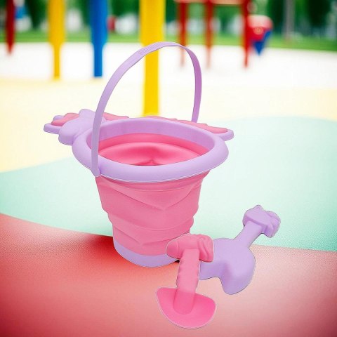 WIADERKO DO PIASKU SKŁADANE Z ŁĄPTKĄ I GRABKAMI - RÓŻOWY