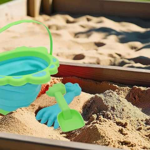 WIADERKO DO PIASKU SKŁADANE Z ŁĄPTKĄ I GRABKAMI - ZIELONY