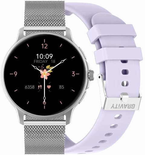 Smartwatch Damski GRAVITY GT12-6 Fioletowy Pasek Silikonowy + Srebrna Bransoleta