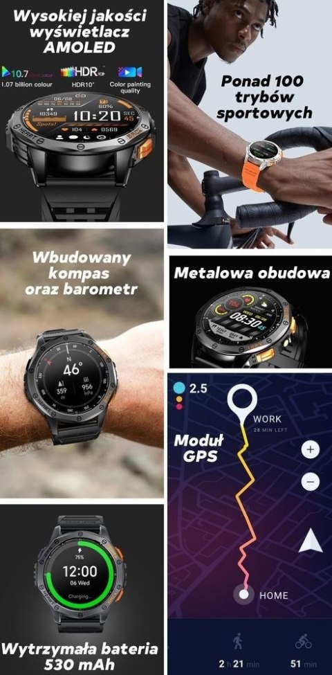Smartwatch Męski GRAVITY GPS GT24-4 Czarny Pasek Silikonowy + Pomarańczowy Pasek Silikonowy