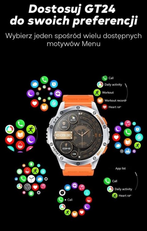 Smartwatch Męski GRAVITY GPS GT24-4 Czarny Pasek Silikonowy + Pomarańczowy Pasek Silikonowy