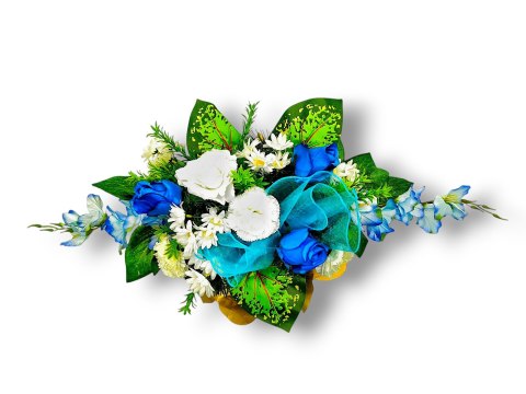 BIAŁO NIEBIESKI STROIK NA CMENTARZ KWIATY NA GRÓB POMNIK MISA Z OBCIĄŻENIEM