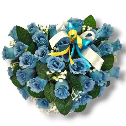 STROIK NA POMNIK SERCE KOMPOZYCJA KWIATOWA NIEBIESKIE RÓŻE SERDUSZKO NA GRÓB