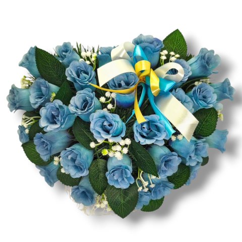 STROIK NA POMNIK SERCE KOMPOZYCJA KWIATOWA NIEBIESKIE RÓŻE SERDUSZKO NA GRÓB