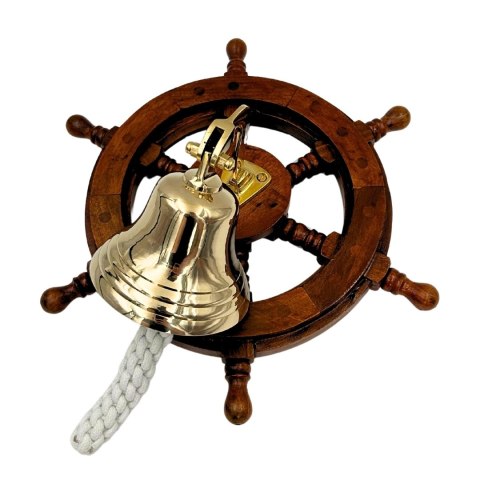 Dzwon Okrętowy Mosiężny w Kole Sterowym - Dekoracja Marynistyczna - NC2356