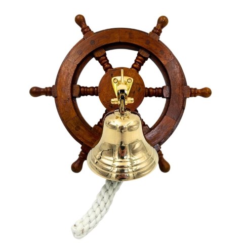 Dzwon Okrętowy Mosiężny w Kole Sterowym - Dekoracja Marynistyczna - NC2356
