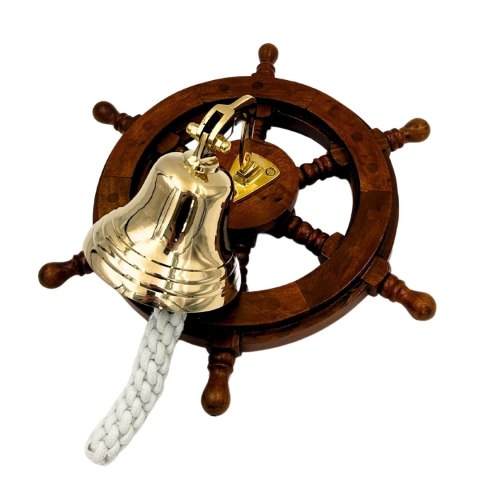 Dzwon Okrętowy Mosiężny w Kole Sterowym - Dekoracja Marynistyczna - NC2356