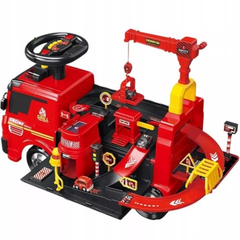 Jeździk 2w1 straż pożarna + 4 autka rozkładany parking dźwig dźwięk ZH914