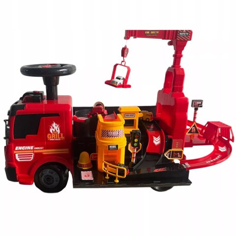 Jeździk 2w1 straż pożarna + 4 autka rozkładany parking dźwig dźwięk ZH914