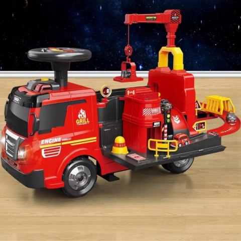 Jeździk 2w1 straż pożarna + 4 autka rozkładany parking dźwig dźwięk ZH914