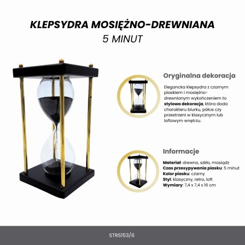 Klepsydra Mosiężno-Drewniana 5 minut - Czarny Piasek - Elegancka Dekoracja Retro - STRS153/6