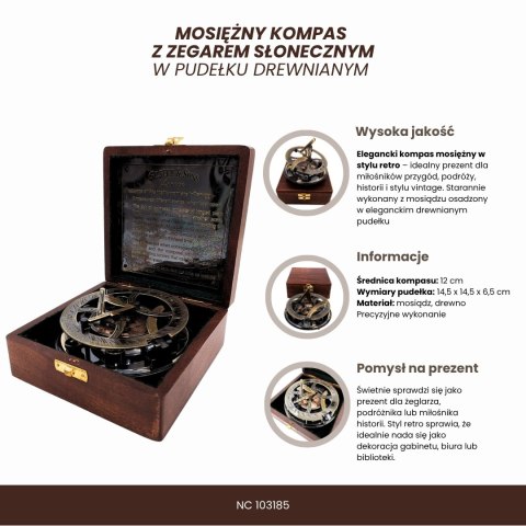 Mosiężny Kompas Zegar Słoneczny Busola w Pudełku Drewnianym - NC103185
