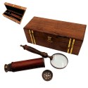 Zestaw Podróżnika Retro - Kompas + Luneta + Lupa w Pudełku Drewnianym - NC102369