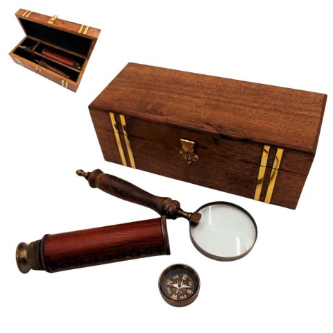 Zestaw Podróżnika Retro - Kompas + Luneta + Lupa w Pudełku Drewnianym - NC102369