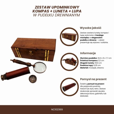 Zestaw Podróżnika Retro - Kompas + Luneta + Lupa w Pudełku Drewnianym - NC102369